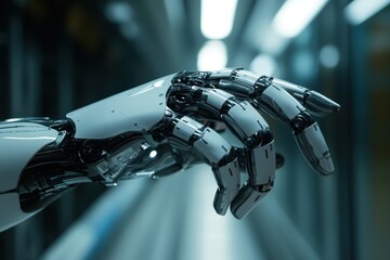 Poster - Robotic hand reaching out in a futuristic urban environment at night