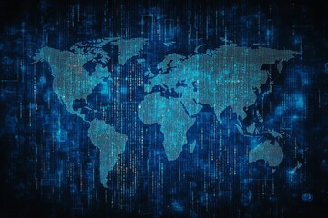 Poster - Global Digital Network World Map Abstract Blue Technology Background Digital Code Data Stream Futuristic Internet Connection Graphic Design Illustration web art
