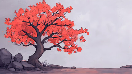 Wall Mural - A stunning illustration of a vibrant red tree set against a calming grey background, perfect for evoking emotions of tranquility and nature's beauty.