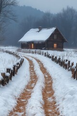 Poster - A dirt road leading to a log cabin in the snow