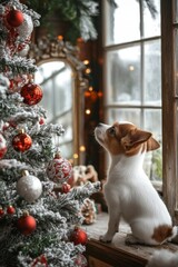 Poster - A small dog looking out of a window at a Christmas tree