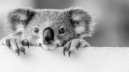 A koala bear peeking over a wall with its paws on the edge