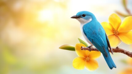 Wall Mural - A blue bird sitting on a branch with yellow flowers