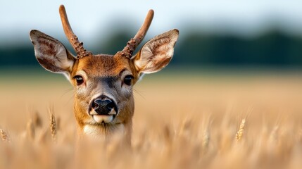 Poster - A deer with antlers standing in a field of wheat