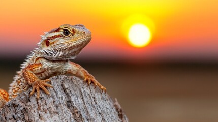 Poster - A lizard sitting on top of a tree stump at sunset