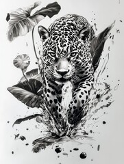 Wall Mural -  a black and white drawing of a jaguar in the water surrounded by leaves