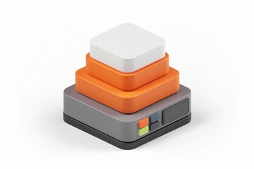 Poster - Stacked square blocks in grey, orange, and white on a base with buttons; 3D rendered illustration.