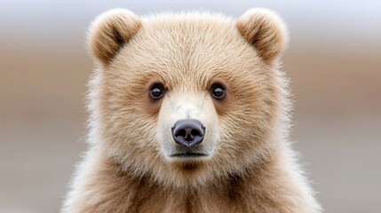  a close up of a brown bear looking directly at the camera with a blurred background