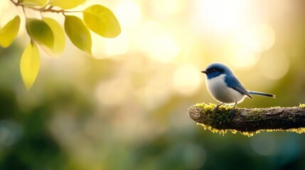 Wall Mural -  a small blue and white bird perched atop a tree branch, surrounded by lush green leaves The background is slightly blurred, giving the bird a sense of focus and pr