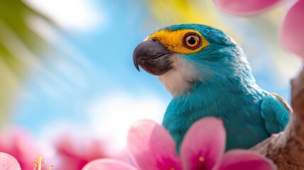 Wall Mural -  a blue and yellow parrot perched atop a pink flower, with a blurred background