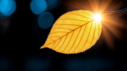 Poster -  a yellow leaf with the sun shining through it, set against a blurred background