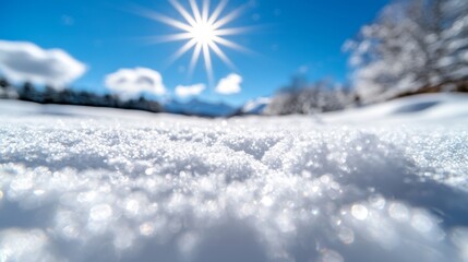 Poster -  a winter scene with the sun shining brightly over a snow covered field, surrounded by trees and mountains in the background The sky is filled with clouds, creating