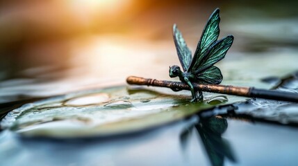 Poster -  a green dragonfly perched atop a leaf in the water, with a blurred background