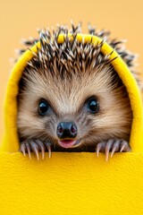 Poster -  a small hedgehog peeking out of a yellow blanket, with a blurred background