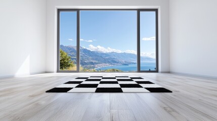 Sticker -  an empty room with a black and white checkered rug on the floor, a wall, and a glass door Through the glass door, we can see a stunning view of the mountains, tree