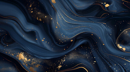 Wall Mural - liquid swirls in beautiful navy blue colors with gold powder, generative ai