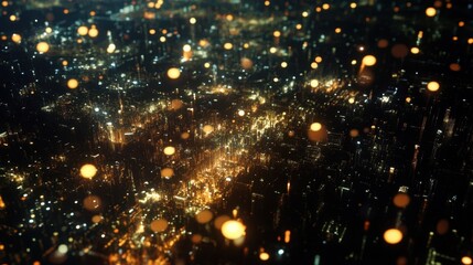 Poster - Blurring particles cascading over a futuristic metropolis, illuminating the night sky and creating a captivating cityscape filled with vibrant lights and enchanting reflections