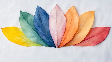 Poster -  a vibrant array of colorful leaves arranged in a rainbow pattern on a white background The leaves are of various sizes and colors, ranging from bright blues and gr