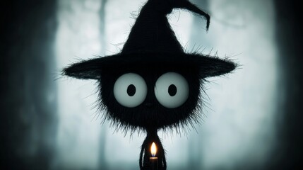 Poster -   a black cat wearing a witch's hat and holding a candle in its hand, with a blurry background