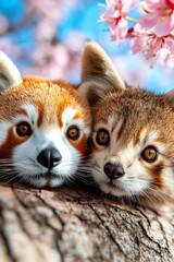 Poster -  two red panda cubs sitting on top of a tree branch surrounded by pink flowers The background is slightly blurred, giving the image a dreamy feel