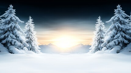 Poster -  a beautiful winter landscape with snow covered trees in the foreground and mountains in the background The sky is illuminated with a warm orange hue, creating a pe