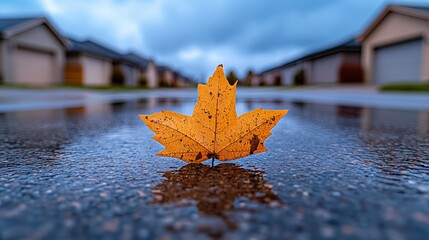 Poster -  a yellow maple leaf floating in a puddle of water in front of a row of houses, with a blurred background of the sky