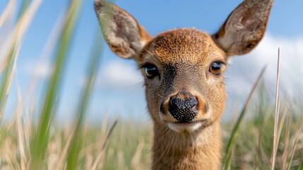  a close up of a roe deer in a field of tall grass, with a blurred background