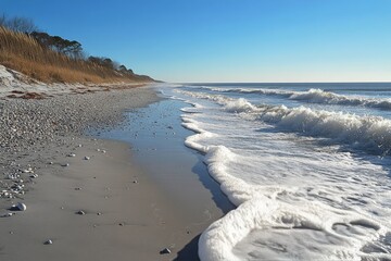 Waves gently lap against the sandy shore on a sunny day by the coast