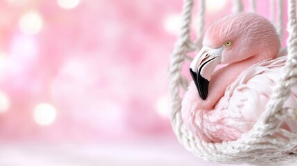 Poster -  a pink flamingo sitting in a white rope swing, with a blurred background