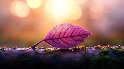 Poster -  a pink leaf with water droplets on it sitting atop a rock, illuminated by the warm light of the setting sun The background is slightly blurred, giving the leaf a s