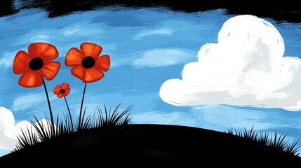 three red poppies on a hill with a blue sky and white clouds in the background The flowers are vibrant and the grass is lush and green The sky is a deep blue with