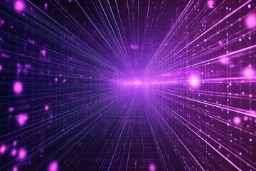 Poster - Abstract Purple Digital Tunnel Futuristic Grid Network Technology Background Design Modern Lines Elegant Light Glowing Particles Vivid 3d web data dark space   