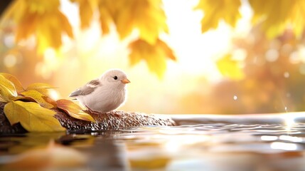 Wall Mural -  a small white bird perched atop a tree branch next to a body of water, surrounded by leaves The background is slightly blurred, giving the image a dreamy feel