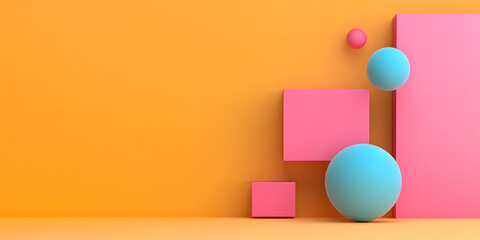 Aufkleber - Abstract composition of pastel pink and blue spheres and cubes against a vibrant orange background. Minimalist design, perfect for modern branding or product displays.
