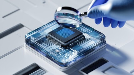 Poster - A gloved hand uses a magnifying glass to examine a transparently encased computer microchip.