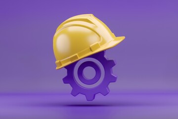 Aufkleber - A yellow hardhat rests on a purple gear, symbolizing construction and engineering.