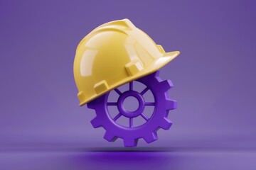 Poster - A yellow hard hat rests on a purple gear, symbolizing construction, engineering, and teamwork.