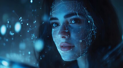 Poster - Futuristic Woman Face Digital Art Abstract Network Technology Blue Glow Mysterious Cyberpunk Style Modern Elegant Female Portrait Digital Painting data dark    
