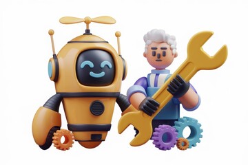 Poster - A friendly robot and a mechanic collaborate on repairs, showcasing teamwork and technical expertise.