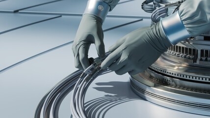 Poster - Gloved hands carefully connect cables to a complex, metallic machine, showcasing precision engineering.