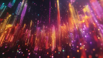 Poster - Colorful particles cascading downwards over a futuristic cityscape, illuminating glowing lights at night and creating a vibrant, dynamic urban atmosphere filled with energy and excitement