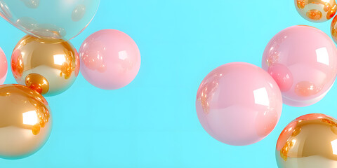 Poster - Floating spheres in pastel pink and gold against a light blue background.  A vibrant, modern abstract image ideal for design projects.