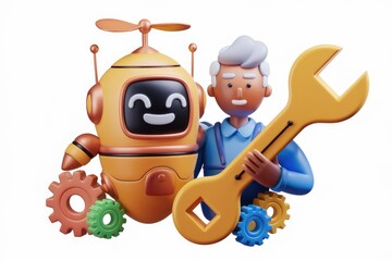 Poster - A friendly robot and senior technician collaborate, showcasing teamwork and technical expertise with gears and a wrench.