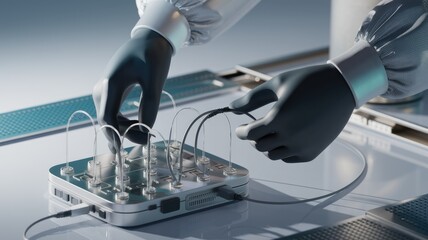 Poster - Gloved hands carefully connect transparent wires to a metallic device, a scene of precise technological interaction.