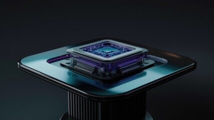 Poster - Futuristic tech component, a high-tech square processor with glowing details, advanced hardware.