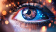 close up of eye reflecting digital world with vibrant lights and bokeh