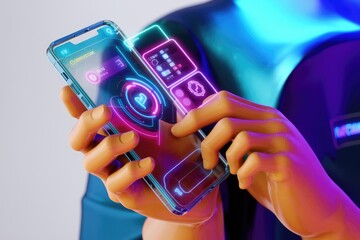 Aufkleber - Neon-lit smartphone interface displays futuristic app with glowing interactive elements.