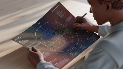 Aufkleber - Person analyzing a complex network diagram using a stylus, showcasing connections and data visualization.
