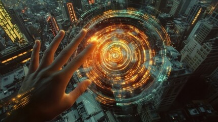Poster - Hand interacting with a futuristic holographic interface, surrounded by concentric circles of light and digital data above a night cityscape, symbolizing urban innovation