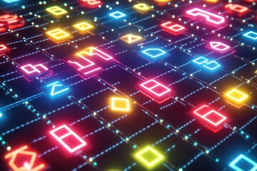 Poster - A close-up of a computer keyboard with neon letters lit up, suitable for tech-related designs and futuristic concepts